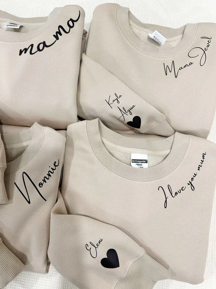 Comfortabele gepersonaliseerde hoodie/sweater. Uniek familie kledingstuk met custom namen.