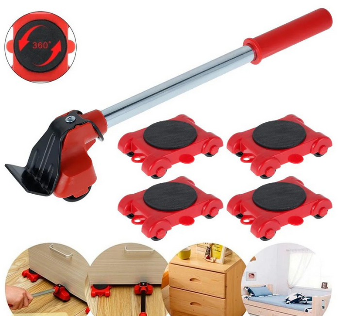 Liftaro meubelverplaatsset met gele hefboom en vier rode rollers; ideaal voor zware meubels verplaatsen.