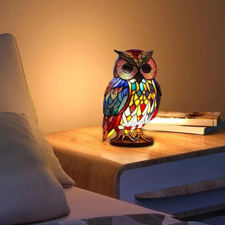 Warme gloed van handgemaakte uilenlamp, decoratieve sfeerverlichting voor een knus interieur.