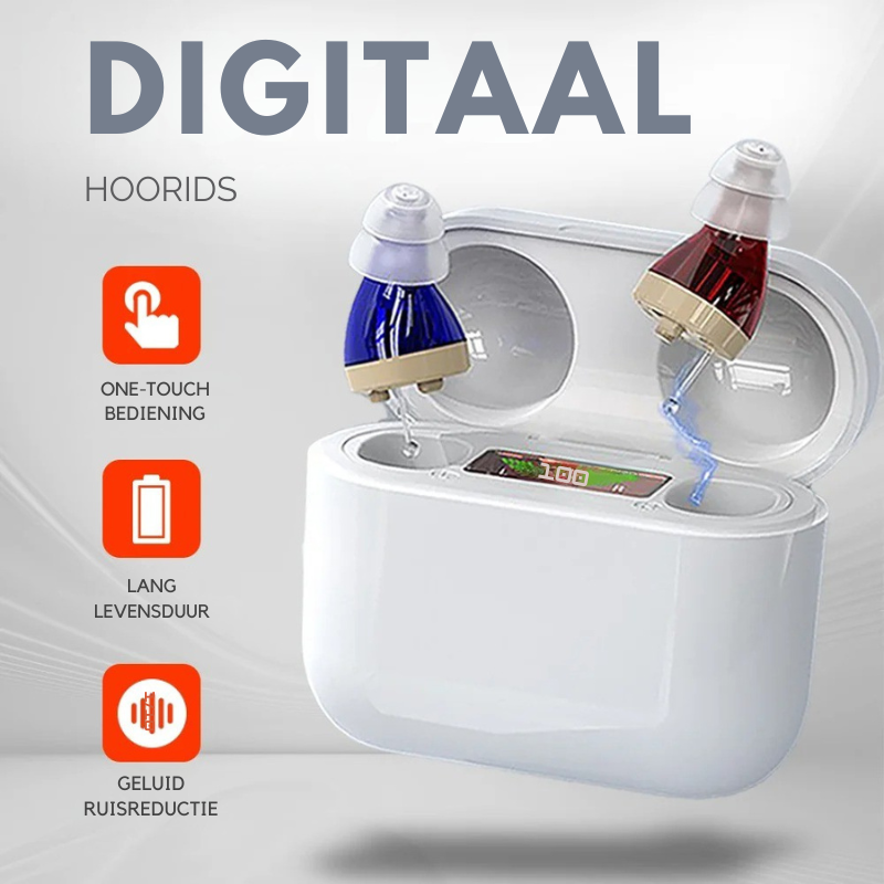 Modern onzichtbaar hoortoestel met geavanceerde geluidsversterking. Comfortabel oplaadbaar in-ear gehoorapparaat voor duidelijke hoorzitting.