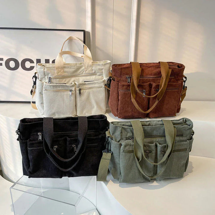Dames corduroy schoudertas in trendy bruin voor dagelijks gebruik.