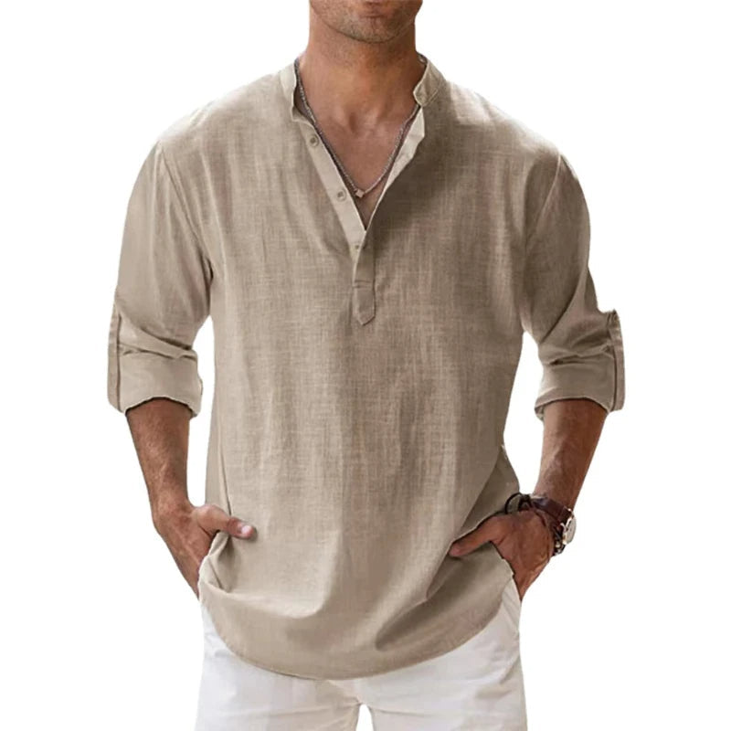 Wit Hoymans heren Henley overhemd voor zomerse dagen, casual en comfortabel. Perfect voor strand of stad.