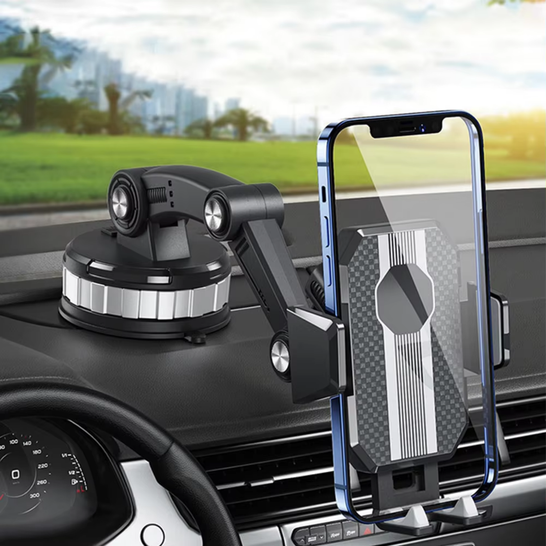 Universele auto telefoonhouder met sterke zuignap voor veilig dashboardgebruik.