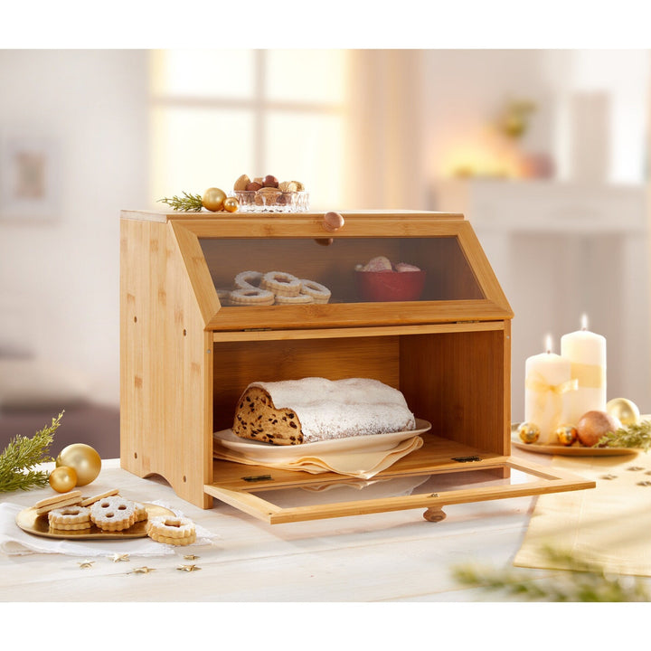 Praktische broodvitrine voor ontbijt en toonbank. Decoratieve voedselopslag voor gebak en bakkerijproducten.