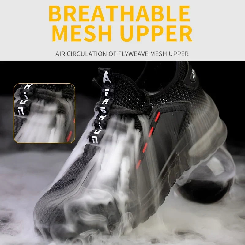 Ademende unisex werkschoenen met stalen neus en antislip zool, comfortabel voor lange werkdagen.