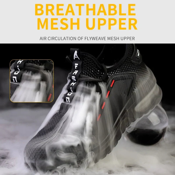 Ademende unisex werkschoenen met stalen neus en antislip zool, comfortabel voor lange werkdagen.