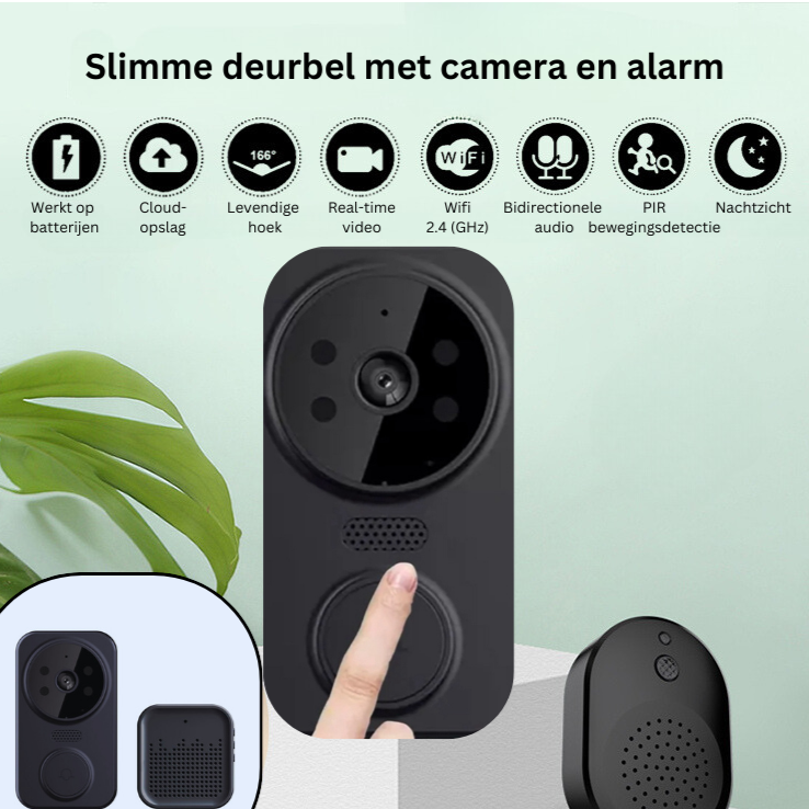 Slimme deurbel zwart met HD camera, tweeweg audio en bewegingssensor voor draadloze communicatie en beveiliging.