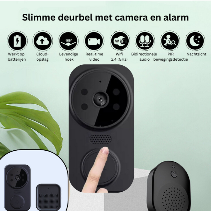 Slimme deurbel zwart met HD camera, tweeweg audio en bewegingssensor voor draadloze communicatie en beveiliging.