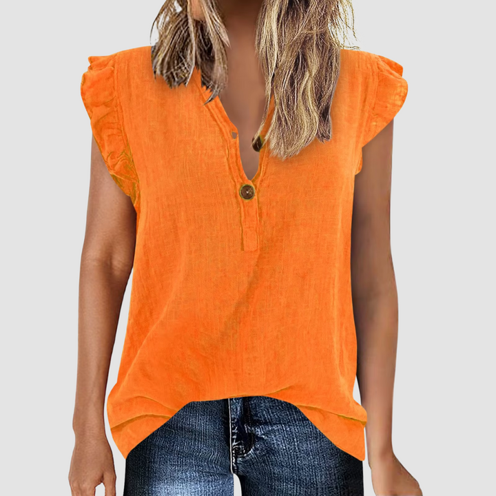 Dames casual zomerblouse met doorlopende knoopsluiting, luchtig en comfortabel voor een ontspannen stijl.