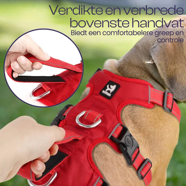 Veilig anti-ontsnap hondentuig in kaki, met 3 bevestigingspunten en reflectie. Gewatteerd voor comfort en optimale controle.