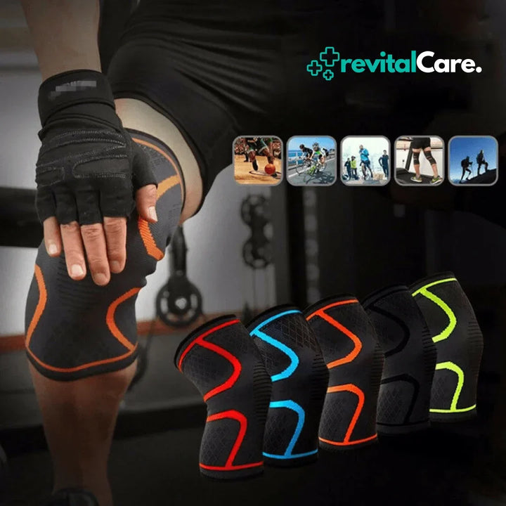 Detail ademende stof en verstelbare banden van de FlexiKnee Pro kniebandage.