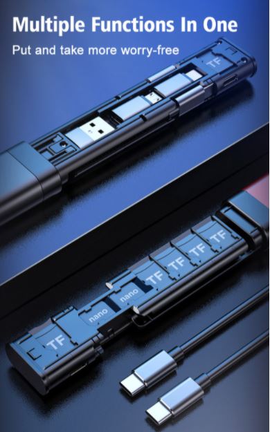 Multifunctionele USB-C adapter met geïntegreerde telefoonhouder, diverse oplaadkabels en geheugenkaartlezer. Compleet.