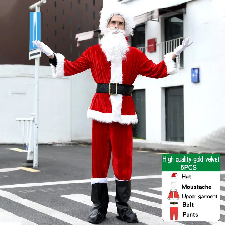Complete heren Kerstman cosplay set met jas, broek, muts, baard voor feestelijke gelegenheden.
