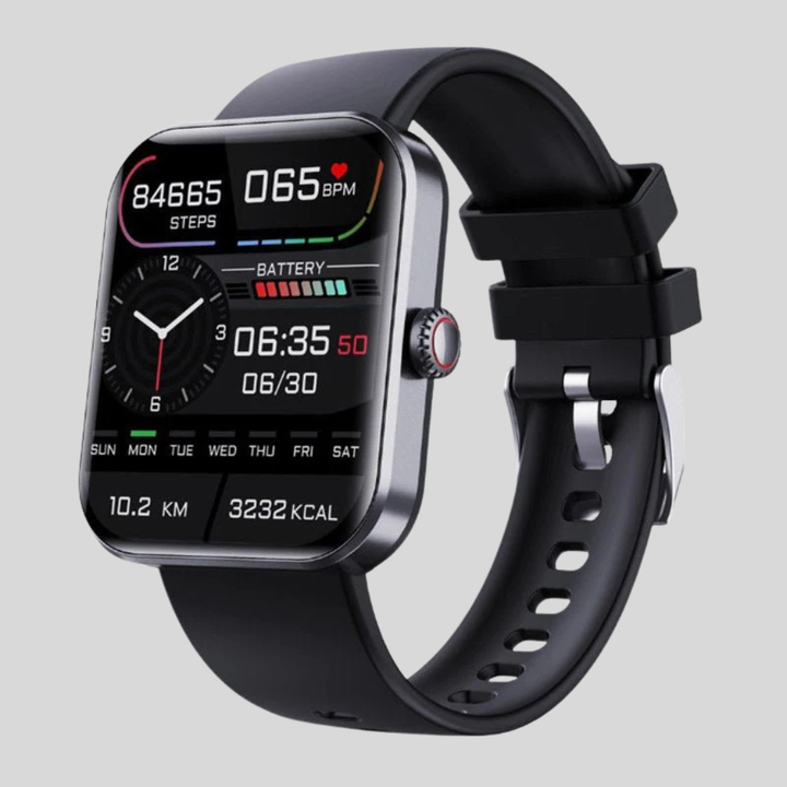 Zwarte slimme gezondheids smartwatch met hartslag- en bloeddrukmonitoring, ideaal voor dagelijkse fitness tracking.