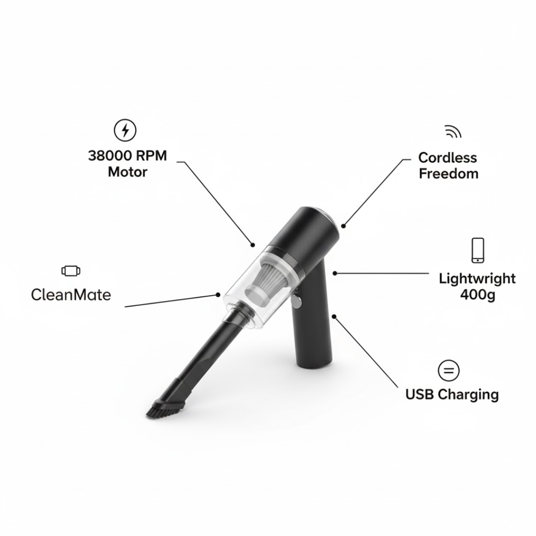 Witte CleanMate draadloze stofzuiger, compacte en efficiënte mini reiniger met USB opladen.