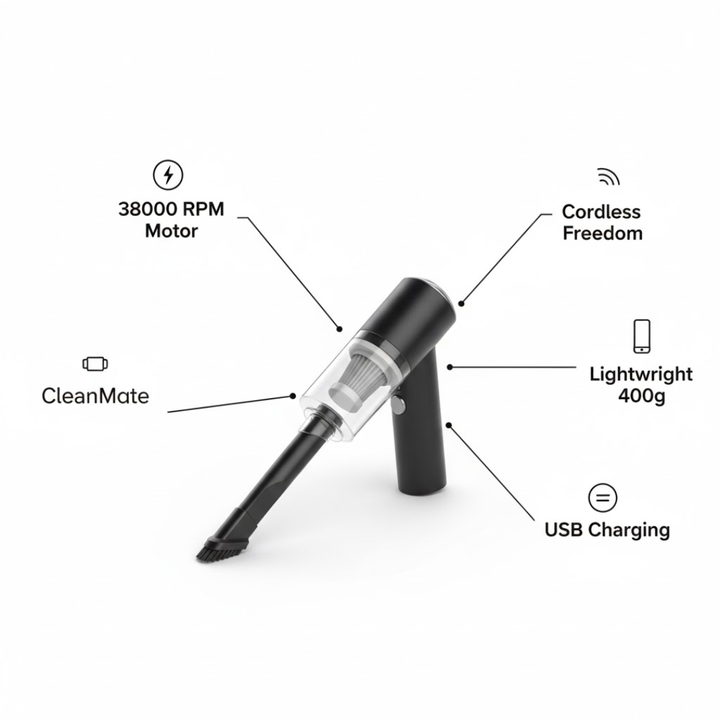 Witte CleanMate draadloze stofzuiger, compacte en efficiënte mini reiniger met USB opladen.