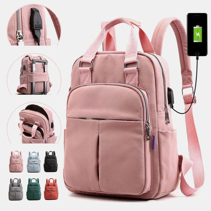 Stijlvolle waterdichte laptop rugzak voor school en werk, met handige USB-oplaadpoort en compartimenten.
