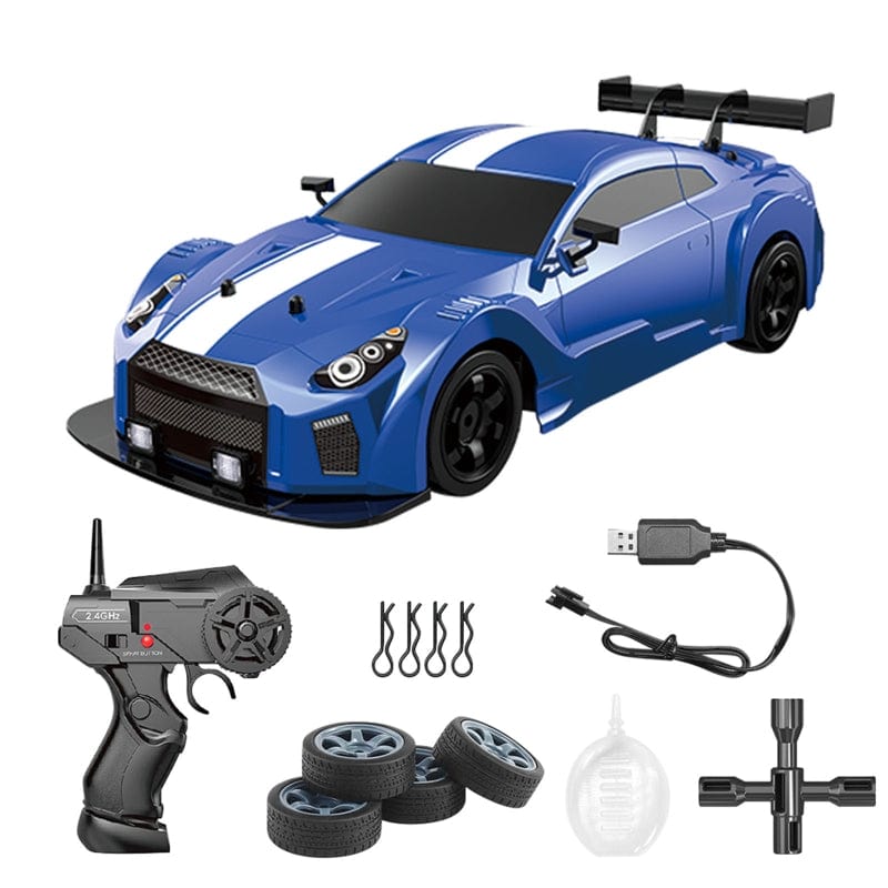 Rode RC driftauto met vierwielaandrijving in volle actie, ideaal speelgoed voor snelheid en controle liefhebbers.