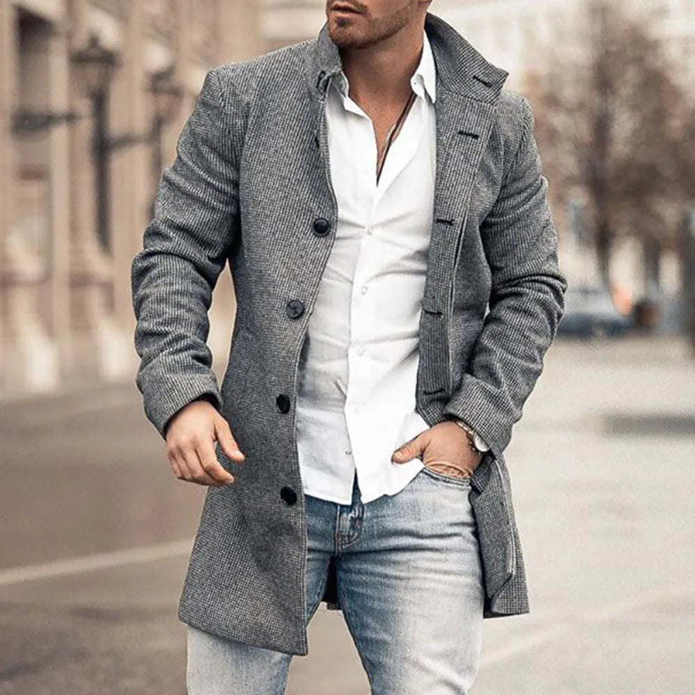 Lange casual heren winterjas met knoopsluiting, slim fit, warm voor herfst en winter.
