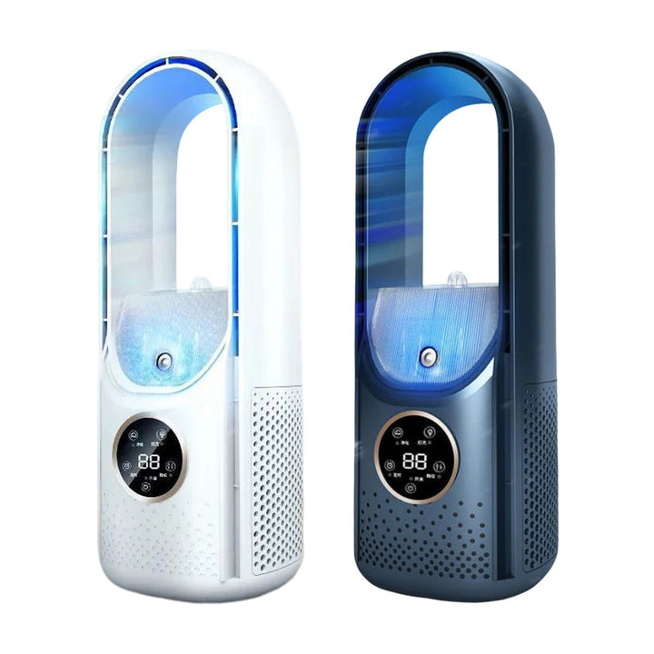 Draagbare, stille USB airco voor persoonlijke koeling thuis of op kantoor; compact wit design.