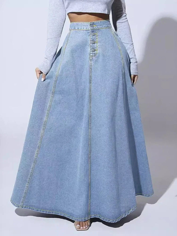 Dames A-lijn denimrok met hoge taille, comfortabel en modieus, in tijdloos blauw.