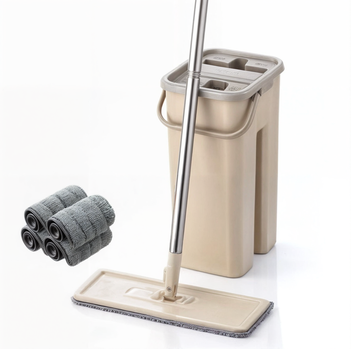 Magische schoonmaakdweilset (beige/grijs) voor moeiteloos schoonmaken van vloeren zonder vuile handen.