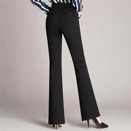 Dames Mila slanke uitlopende high waist broek van stretchstof, comfortabel en figuurflatterend.