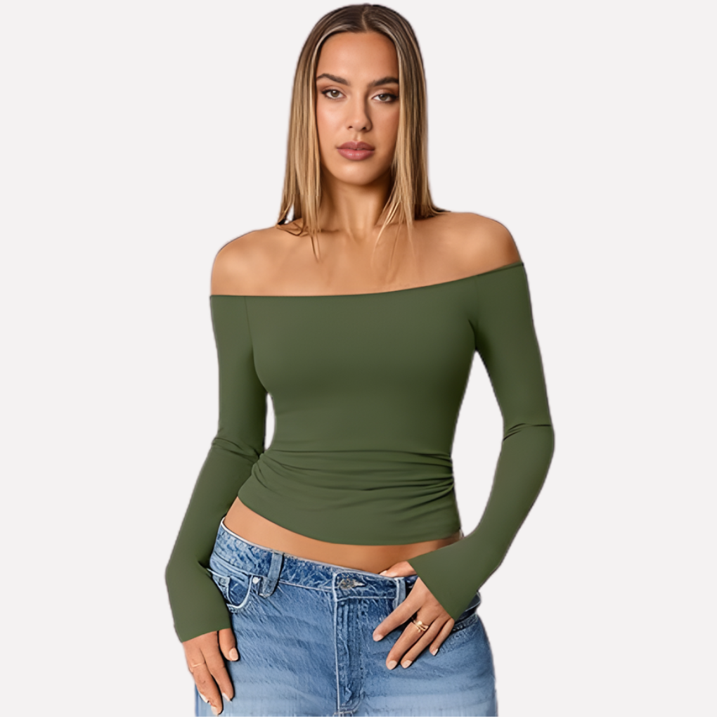 Elegante dames off-shoulder top met lange mouwen, perfect voor een veelzijdige, stijlvolle look.