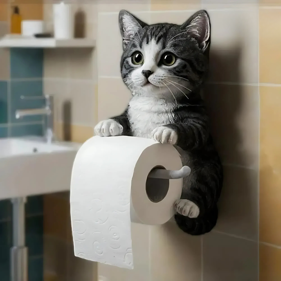 Gedetailleerde katten toiletpapierhouder, een charmante en functionele badkamer decoratie.