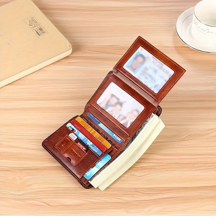 Koffiekleurige heren bifold portemonnee, een compact en stijlvol accessoire met RFID-beveiliging.