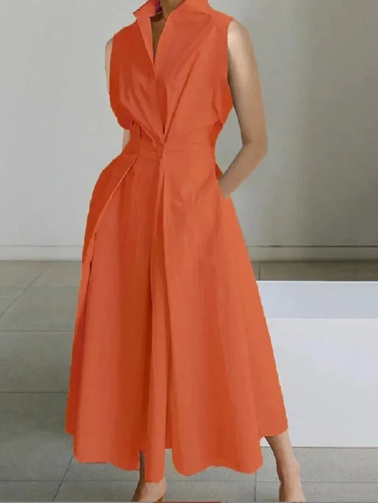 Elegante Hoymans dames midi jurk met reverskraag, A-lijn model. Perfect als zomerjurk of zakelijke jurk.
