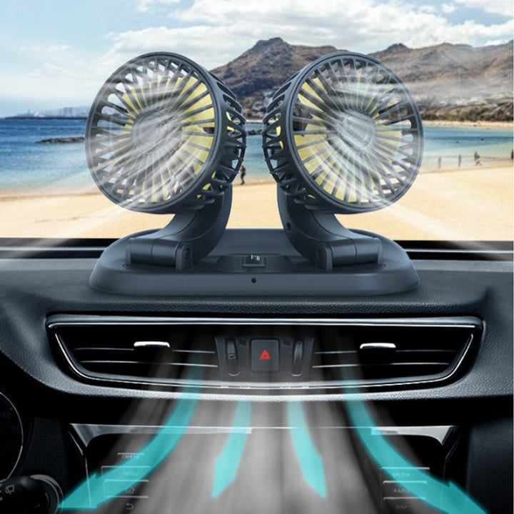 Compacte USB auto ventilator met dubbele kop voor dashboard. Zorgt voor rijcomfort en ventilatie in de zomerauto.