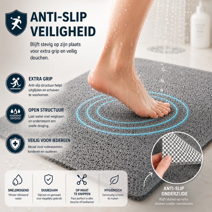 Grijze antislip douchemat, hygiënisch en sneldrogend, ideaal voor badkamerveiligheid.