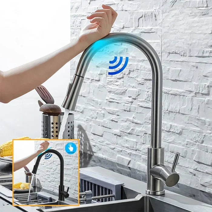 Geborsteld roestvrijstalen AquaTouch keukenkraan in mat zwart. Strakke design mengkraan voor moderne keukens.