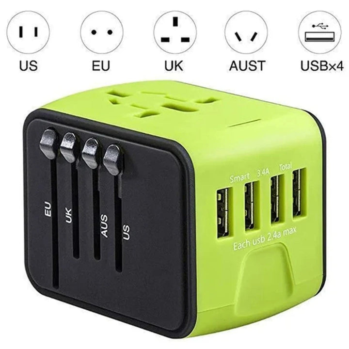 Compacte universele reisstekker met USB-C poorten, ideaal voor snel opladen van elektronica op reis.