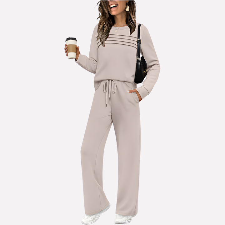 Casual dames lounge set van polyester/rayon/spandex blend; zacht, comfy huispak met hoge hals & wijde pijpen.