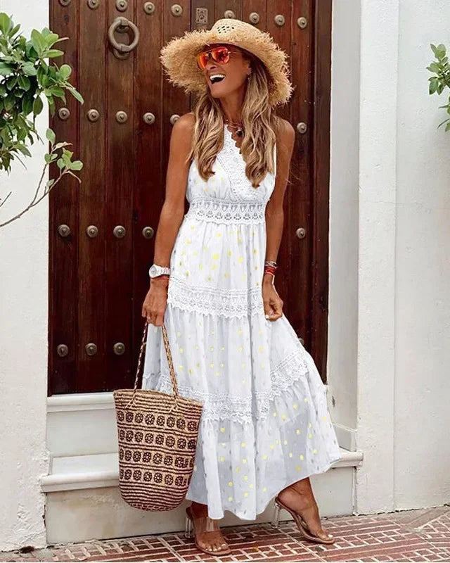 Elegante dames maxi jurk mouwloos met kanten details, hoge taille en v-hals, perfect voor zomeravonden.