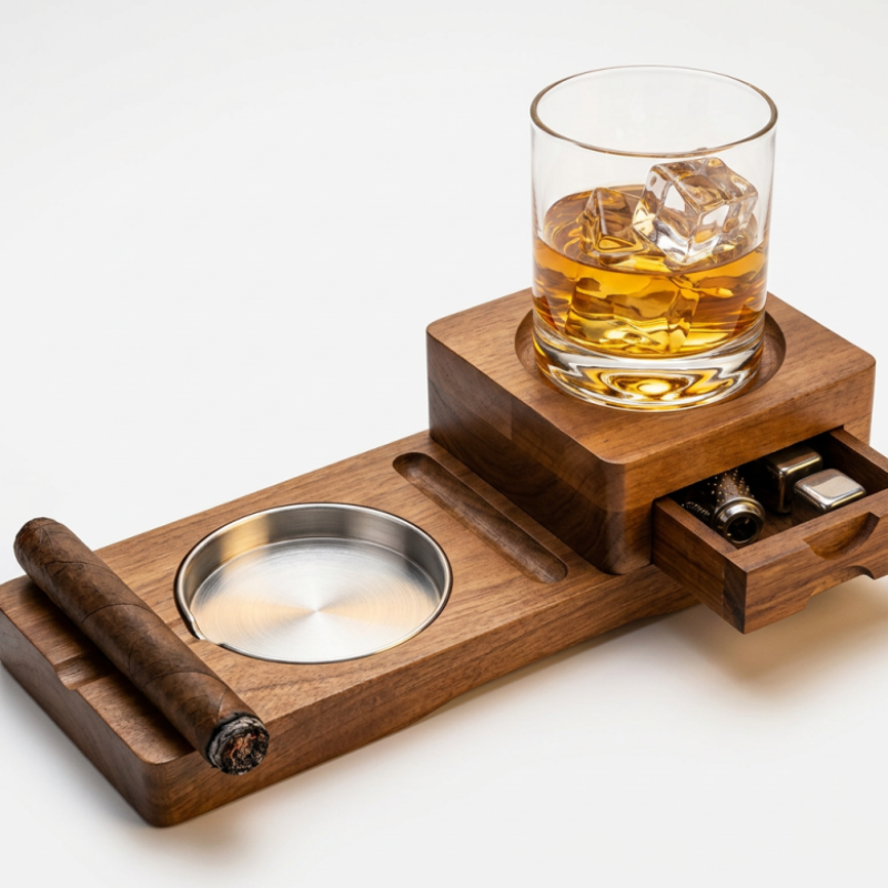 Elegante sigaren- en whiskyschaal met strak design. Het perfecte herencadeau voor sigaren- en whiskyliefhebbers.