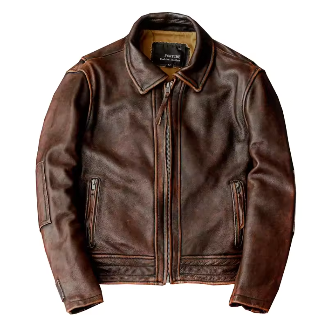 Heren premium retro leren jas van echt koeienleer. Tijdloze bruine jas met vintage look, perfect voor herfst/lente.