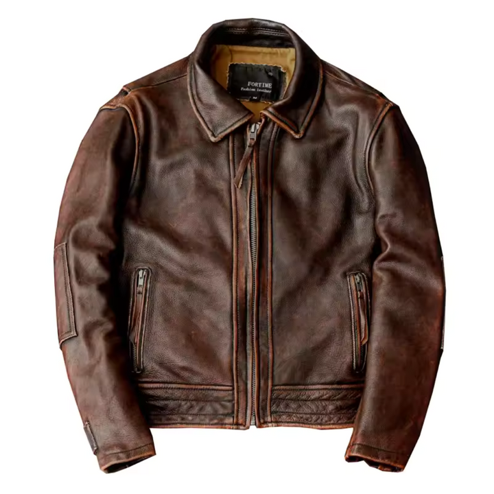 Heren premium retro leren jas van echt koeienleer. Tijdloze bruine jas met vintage look, perfect voor herfst/lente.