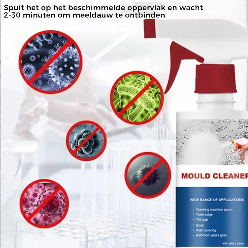 Close-up van dik, krachtig schuim van schimmelreiniger. Reinigt diep en verwijdert schimmel op tegels & voegen.