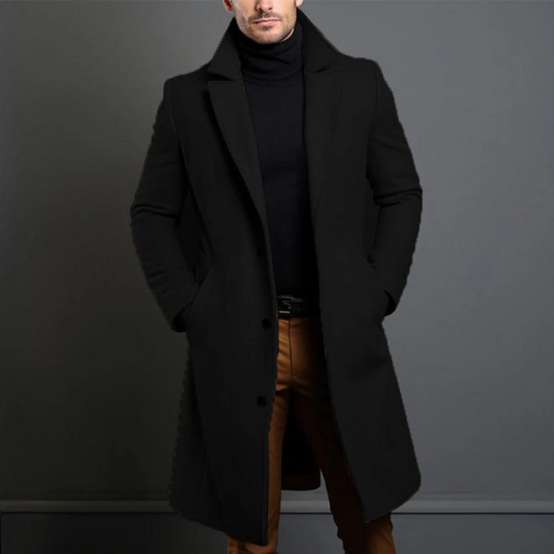 Elegante heren trenchcoat, lange warme winterjas. Stijlvolle klassieke mantel voor mannen.