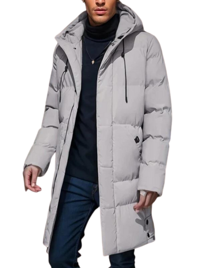 Trendy lange heren winterjas, dikke puffer. Stijlvolle herenmode bovenkleding, perfect voor wintercollectie.
