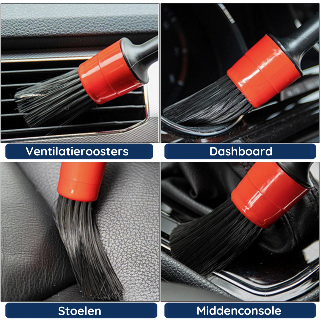 Interieurreinigingsset voor auto's, inclusief borstels en middelen voor een brandschoon auto-interieur.