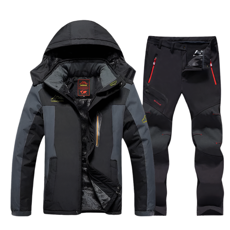 Unisex waterdichte winterset voor outdoor activiteiten. Gevoerde jas en broek, ideaal tegen sneeuw en kou.