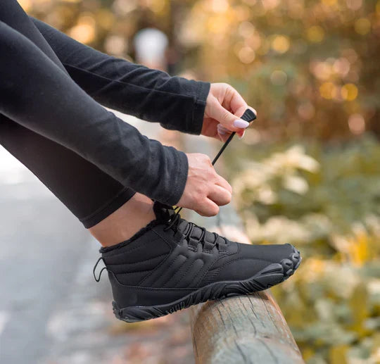 Unisex orthopedische barefoot winter comfort schoenen, detail van de warme, duurzame bovenzijde.
