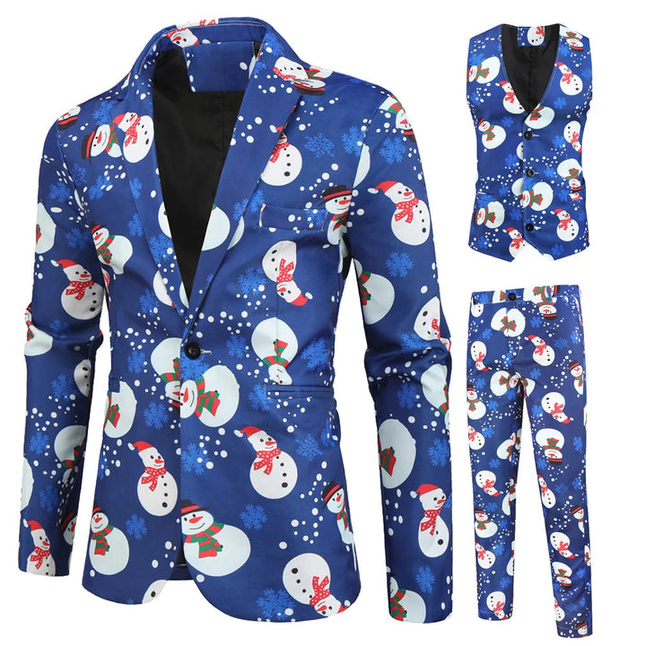 Feestelijk 3-delig heren kerstpak: blazer, gilet & broek voor een elegante feestdagen look.