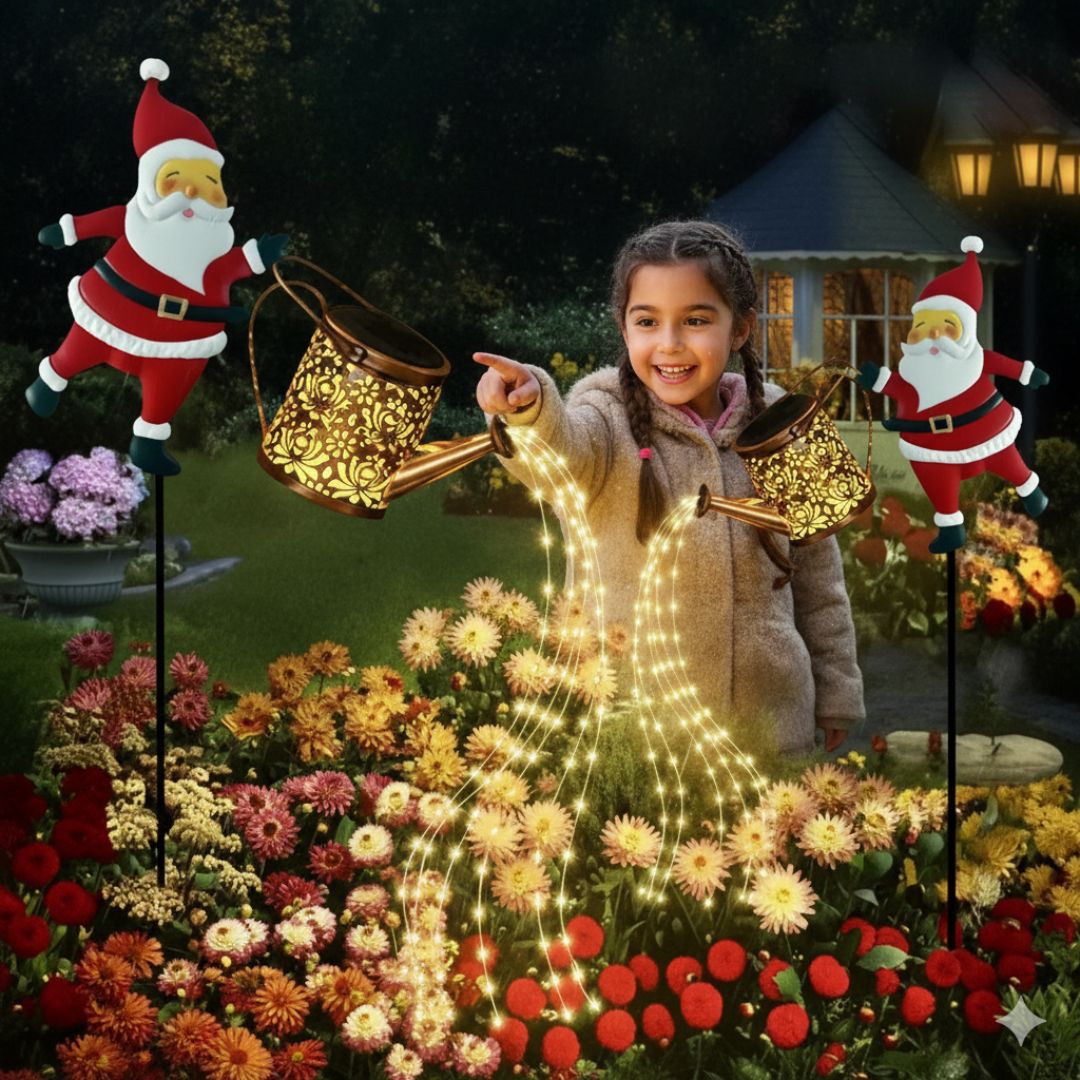 Sprookjesachtige kerst gieter met LED verlichting voor buiten. Creëert een magische sfeer in de tuin.