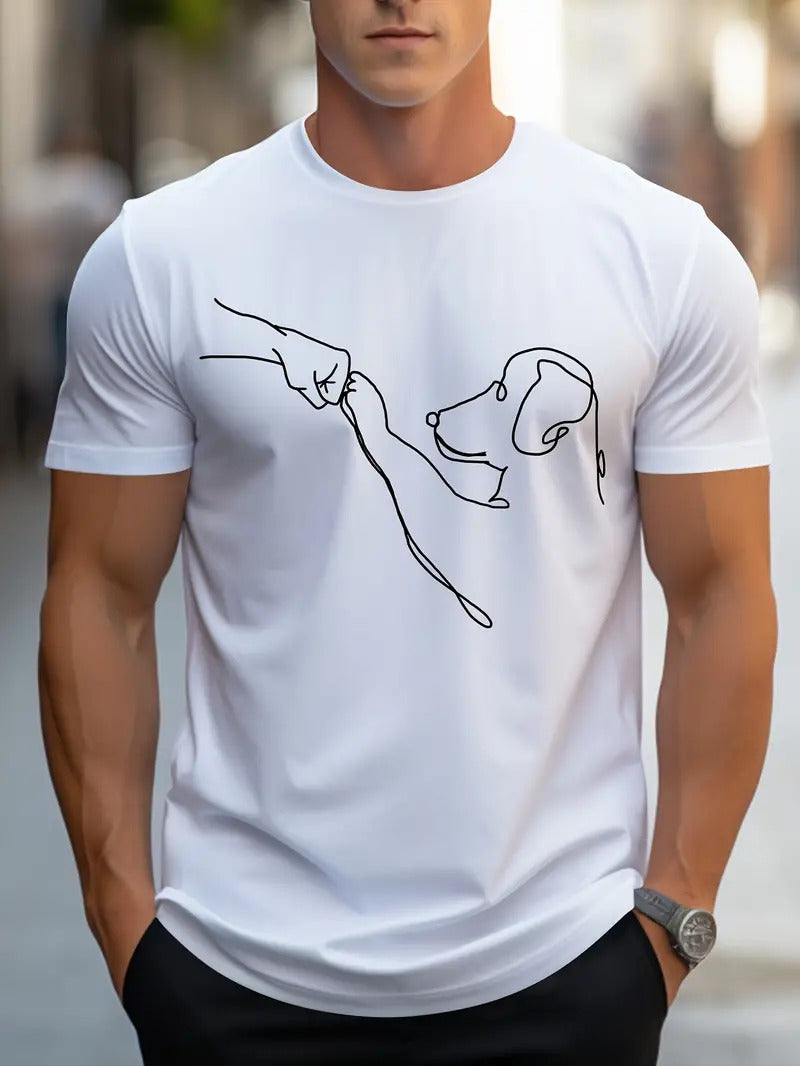 Zwart heren t-shirt met ronde hals, unieke grappige hondenprint en vuist, ideaal voor casual zomer kleding.
