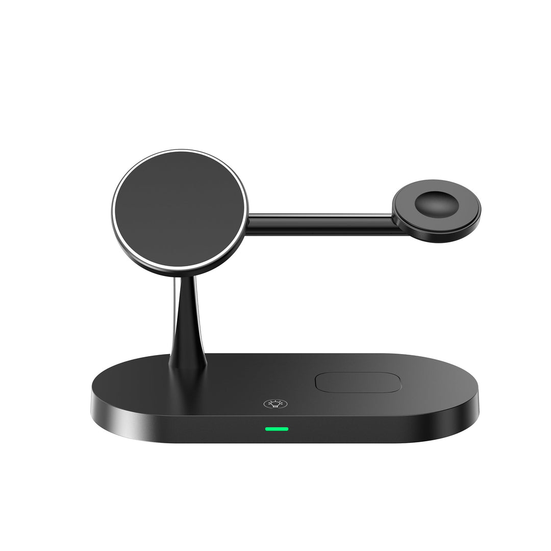 Zwart draadloos laadstation, compacte Qi-oplader en telefoonhouder voor snelle en efficiënte energie.
